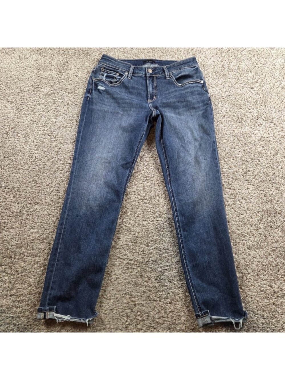 Silver Jeans Womens 31 Boyfriend Dark Wash Embroidered Denim Cuff Distressed
